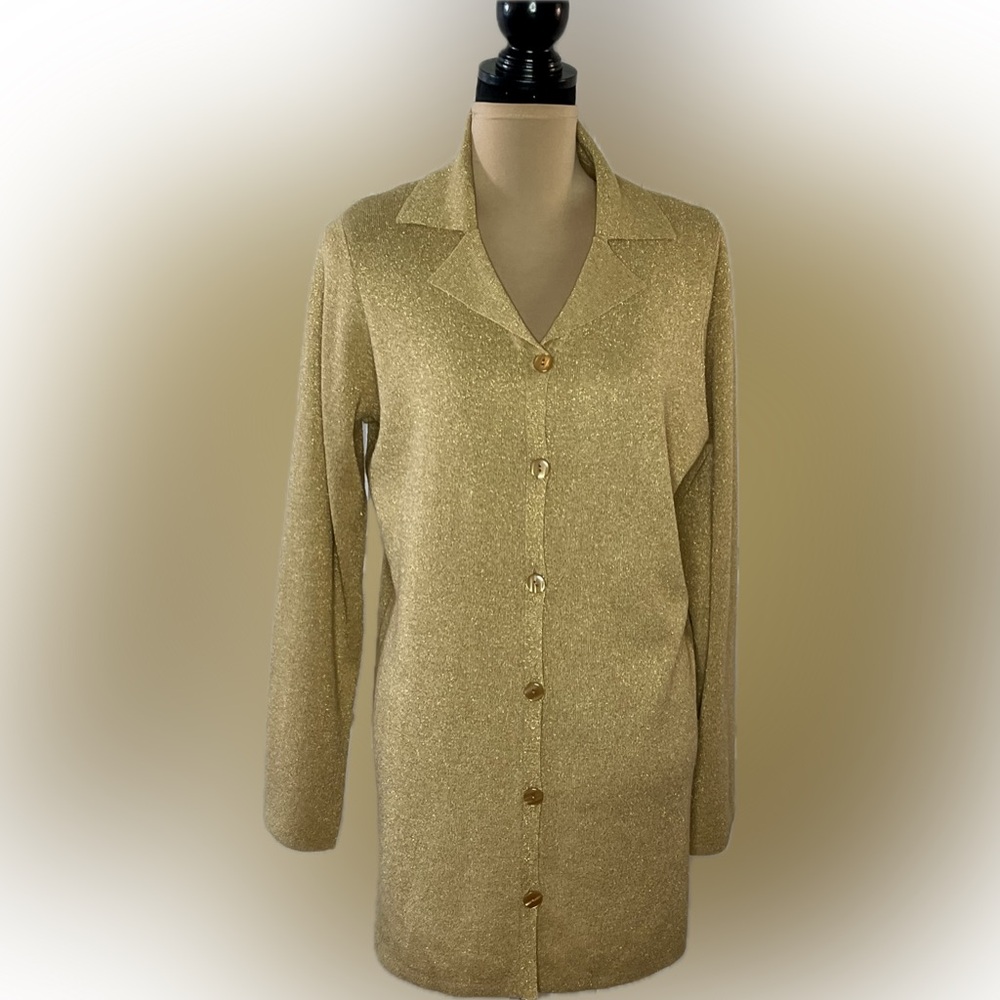 Susan Graver Metallic Gold Button-Up Cardigan, size M